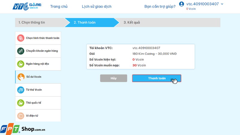 Tiến hành kiểm tra lại thông tin giao dịch và nhấn nút Thanh toán để thực hiện thanh toán giao dịch