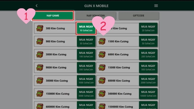 Chọn ô Nạp game