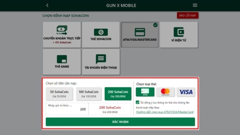 Nạp bằng ngân hàng Mobile Banking, Visa/ MasterCard, ATM