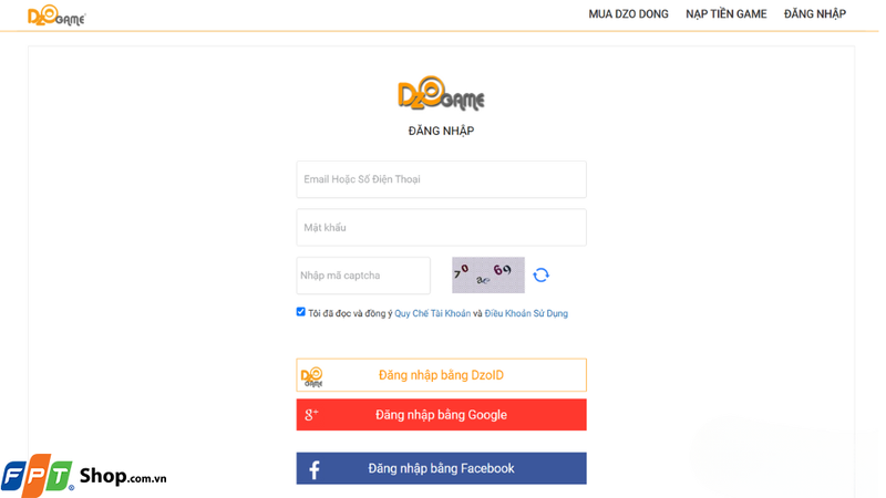 Truy cập vào trang nạp thẻ chính thức của DzoGame