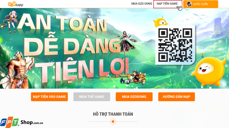 Tại giao diện chính của trang nạp thẻ, bạn hãy nhấn chọn mục NẠP TIỀN GAME