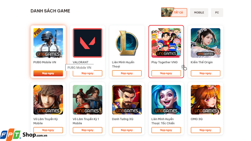 Truy cập vào cổng thanh toán VNG Games Shop, sau đó chọn Play Together