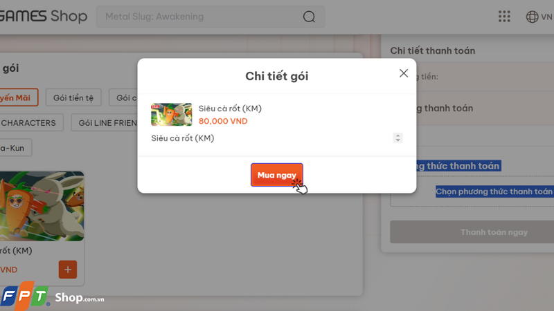 Chọn gói nạp phù hợp rồi nhấn nút Mua ngay để thêm vào giỏ hàng thanh toán