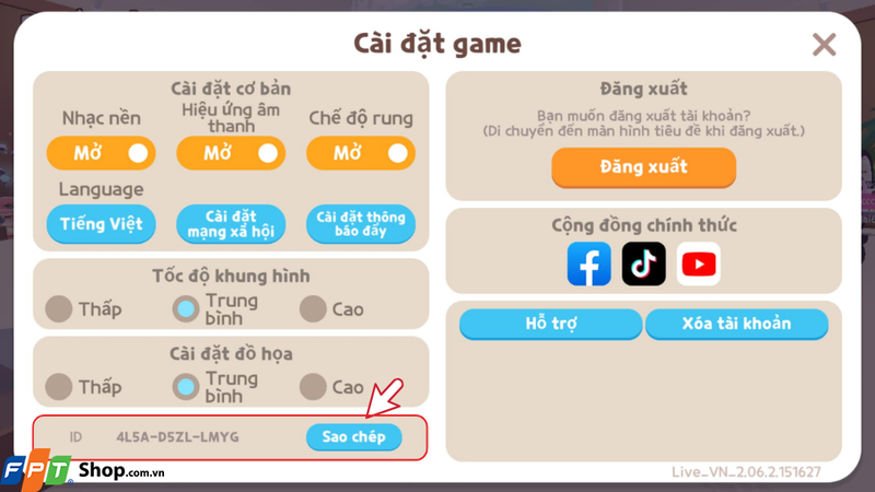 Tại đây, ID nhân vật sẽ được hiển thị ở góc trái phía bên dưới màn hình