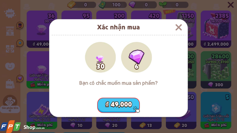 Nhấn vào ô mệnh giá gói Đá Quý để tiếp tục chuyển sang bước thanh toán