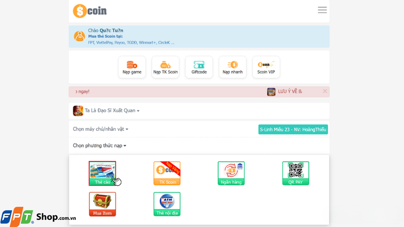 Nhấn vào mục Chọn phương thức nạp và chọn Thẻ cào để tiếp tục