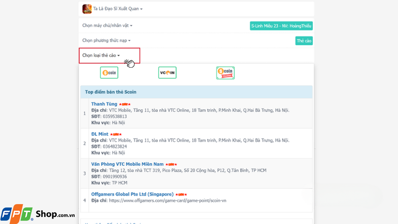 Nhấn vào mục Chọn loại thẻ cào và chọn loại thẻ bạn muốn sử dụng