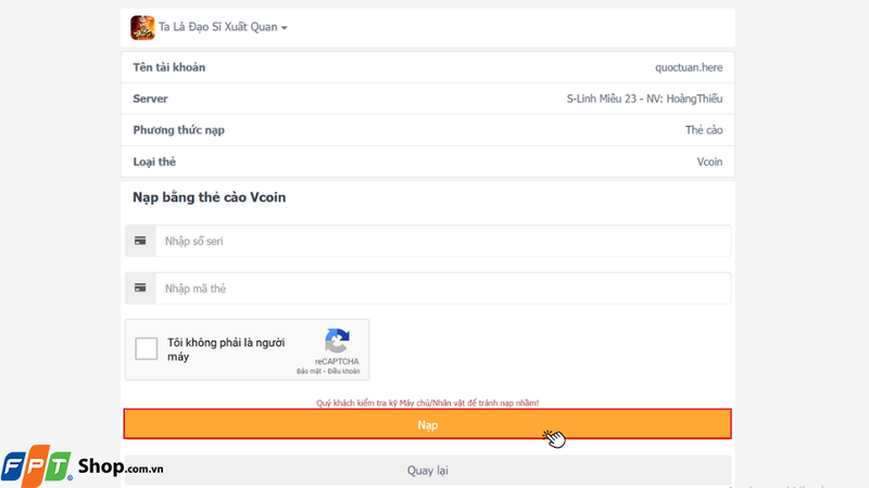 Nhập chính xác số seri và mã thẻ cào vào các ô tương ứng trên màn hình