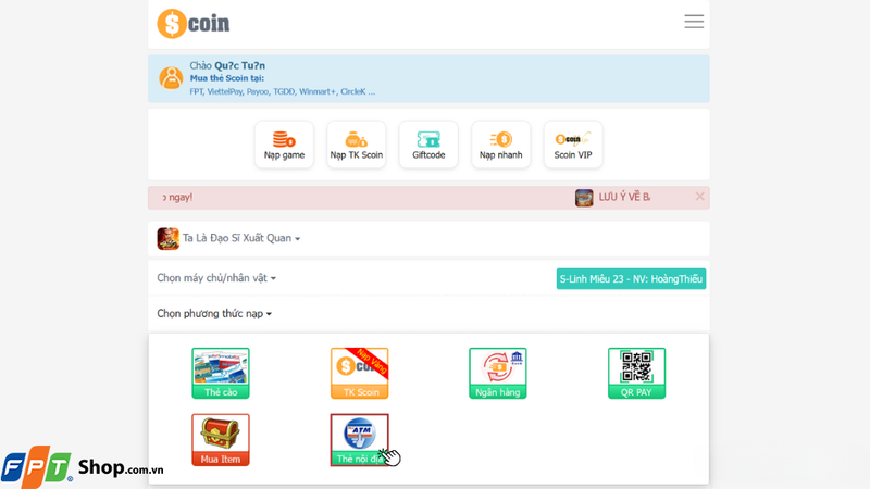 Chọn mục Phương thức thanh toán và nhấn vào Thẻ nội địa để bắt đầu giao dịch