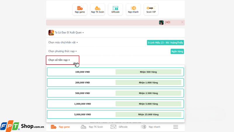 Chọn gói nạp phù hợp với nhu cầu của bạn
