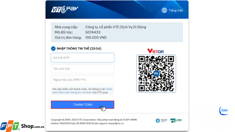 Nhập chính xác thông tin thẻ, sau đó nhấn Thanh toán để xác nhận và hoàn tất giao dịch