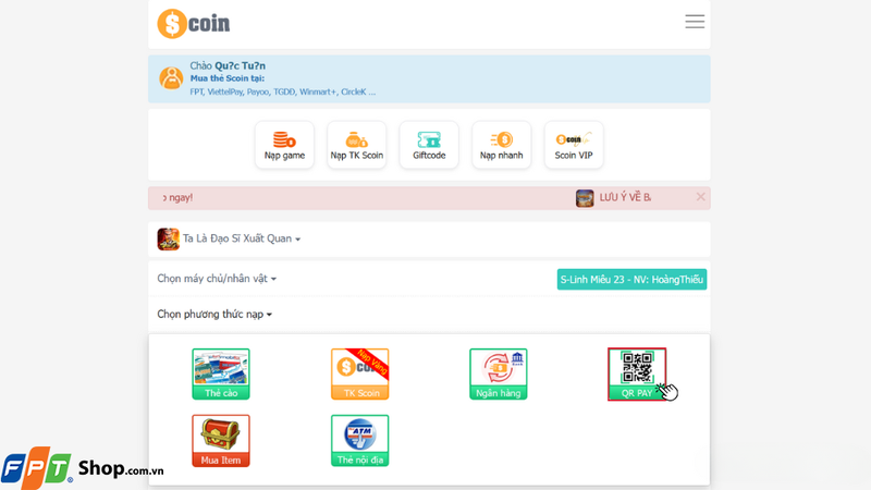 Chọn mục Phương thức thanh toán và nhấn vào Mã QR để bắt đầu giao dịch