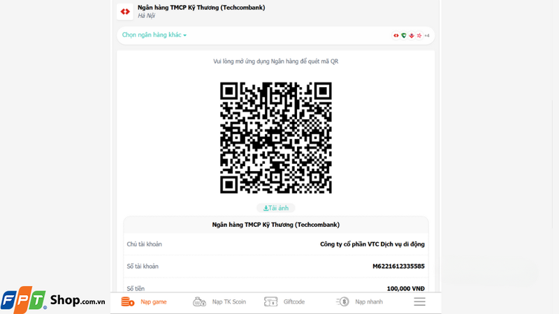 Quét mã QR hiển thị trên màn hình bằng ứng dụng thanh toán của bạn để hoàn tất giao dịch nạp