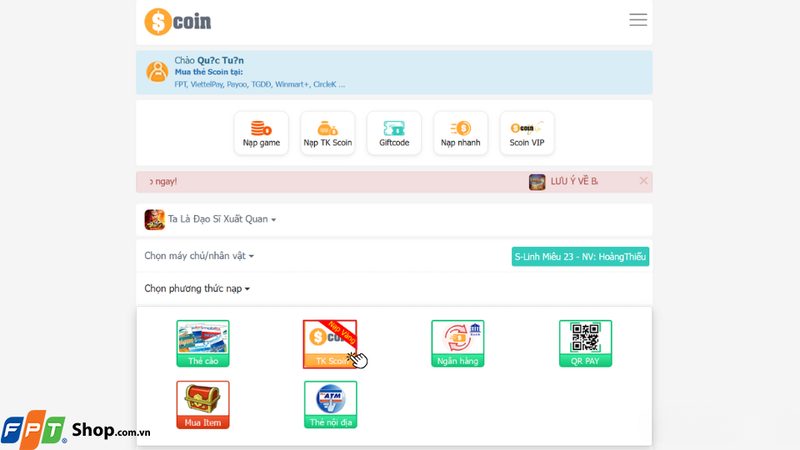 Nhấn vào mục Chọn phương thức nạp và chọn TK Scoin để tiếp tục