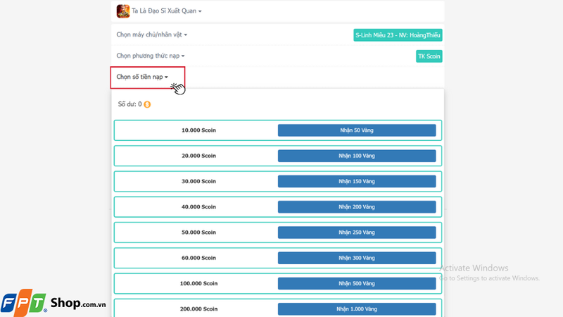 Nhấn vào mục Chọn số tiền nạp để chọn gói nạp mà bạn muốn