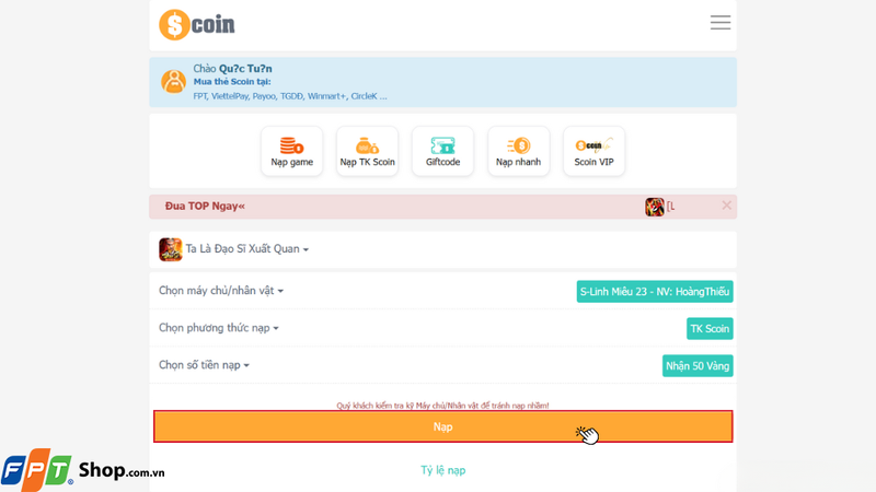 Nhấn vào nút Nạp để xác nhận thanh toán