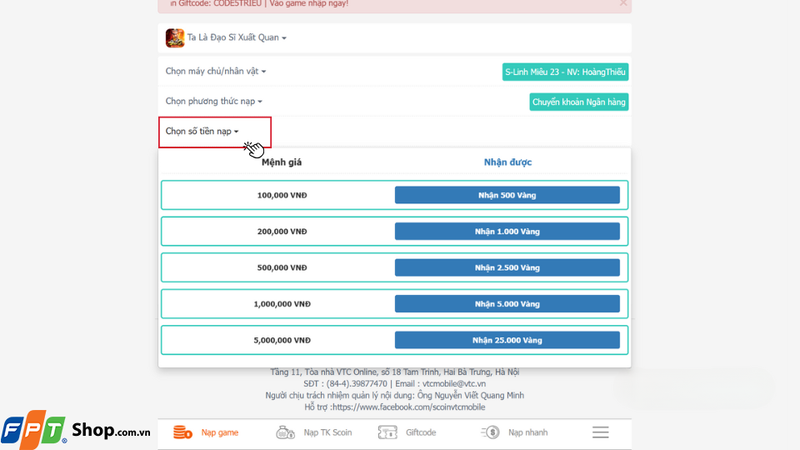 Chọn mức nạp mà bạn cần nạp