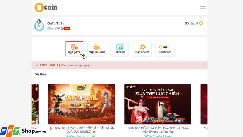 Bạn chọn mục Nạp game để truy cập vào hệ thống nạp thẻ