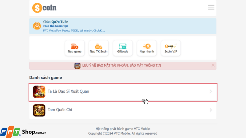 Nhấn vào biểu tượng Ta Là Đạo Sĩ Xuất Quan VTC để mở giao diện nạp thẻ của trò chơi