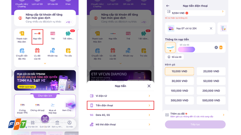 Cách nạp tiền điện thoại online qua ứng dụng TPBank Mobile