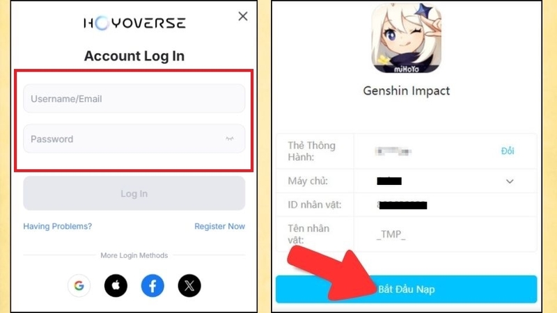 Nhập thông tin tài khoản miHoYo và nhấn chọn Bắt đầu nạp