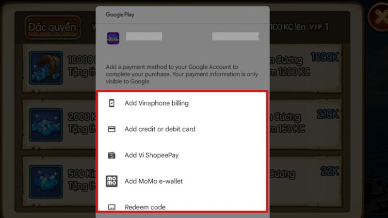 Thanh toán qua phương thức đã liên kết