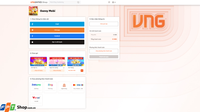 Vào trang nạp thẻ chính thức của Gunny Mobi