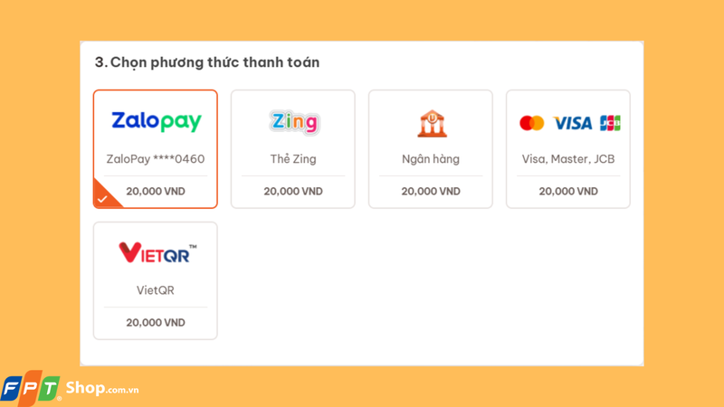 Chọn phương thức mà bạn muốn thanh toán là Zalo Pay để thực hiện thanh toán