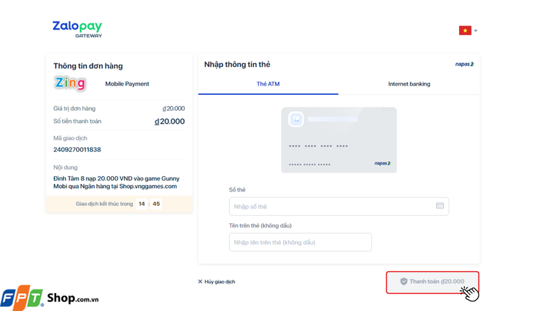 Nhập đầy đủ các thông tin về thẻ mà website yêu cầu bao gồm: số thẻ, tên chủ thẻ rồi nhấp vào nút Thanh toán để thanh toán giao dịch