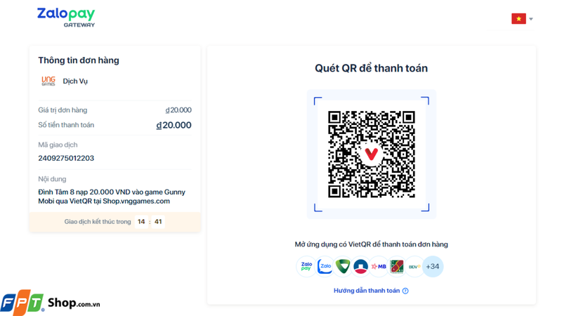 Quét mã QR bằng các ứng dụng thanh toán để thanh toán gói nạp