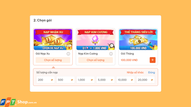 Tiếp theo, ở mục Chọn gói, bạn có thể chọn 1 trong các gói nạp có sẵn