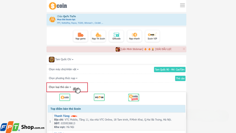 Nhấn vào mục Chọn loại thẻ cào và chọn loại thẻ mà bạn muốn sử dụng