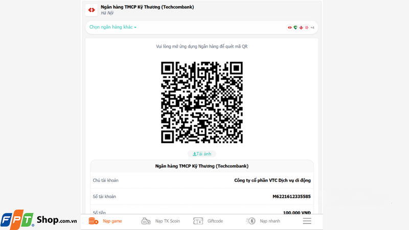 Quét mã QR trên màn hình để tiến hành thanh toán giao dịch nạp thẻ