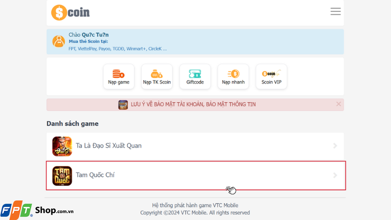 Nhấn vào biểu tượng Tam Quốc Chí VTC
