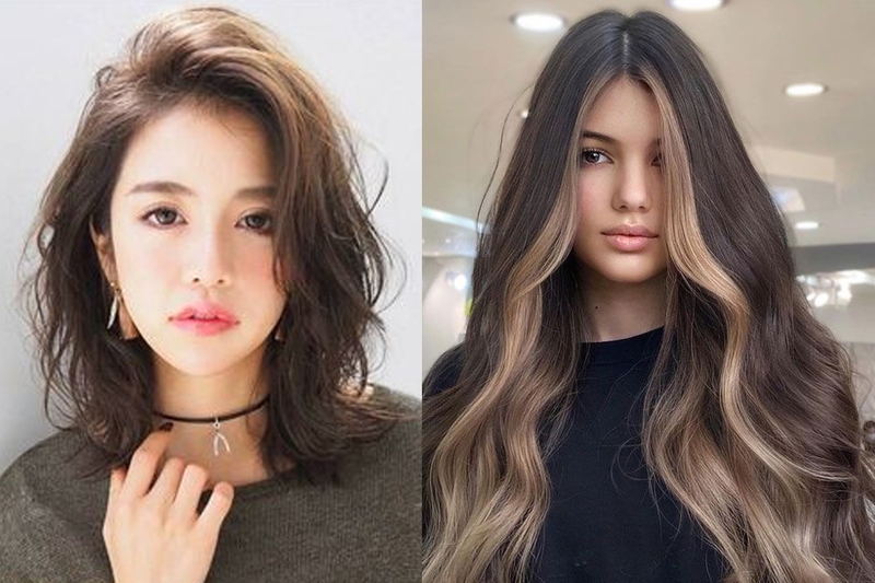 Tóc dài qua vai rẽ ngôi uốn xoăn màu nâu tro.