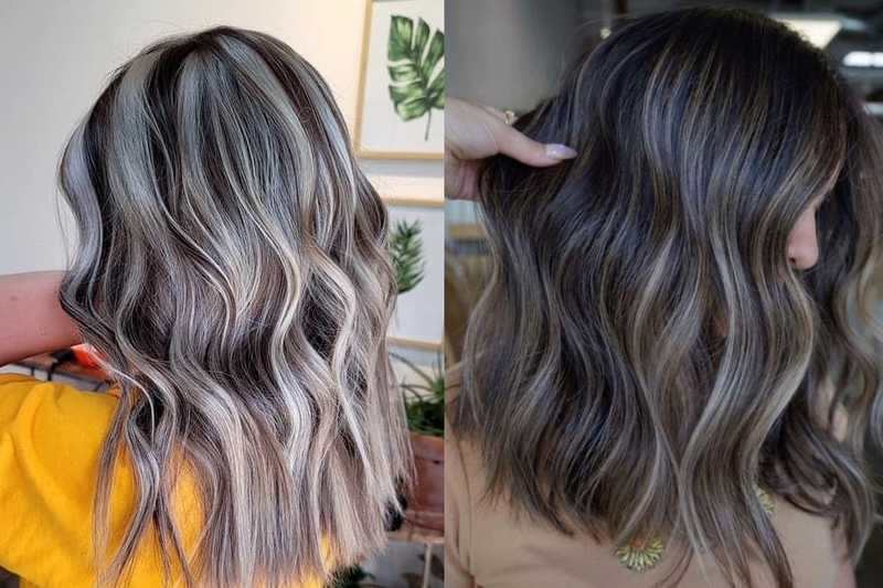 Tóc ngắn uốn sóng highlight màu nâu tro.