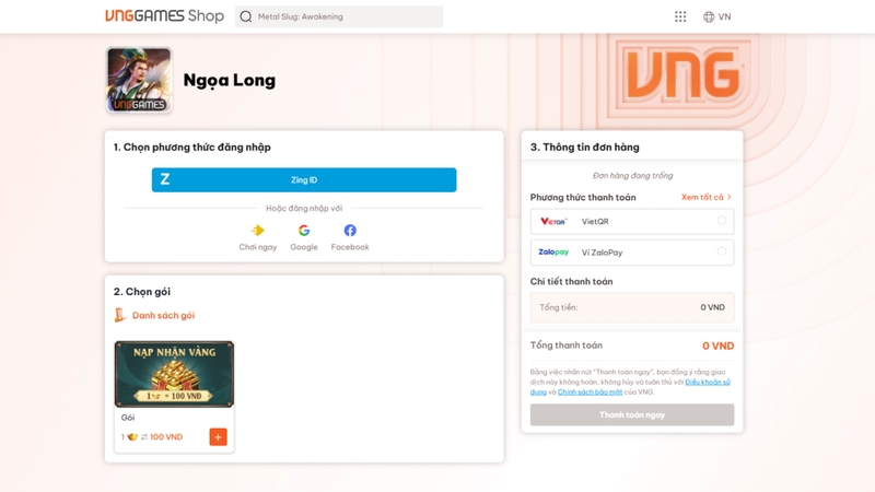 Truy cập vào trang nạp thẻ Ngọa Long Mobile trên hệ thống VNG Games