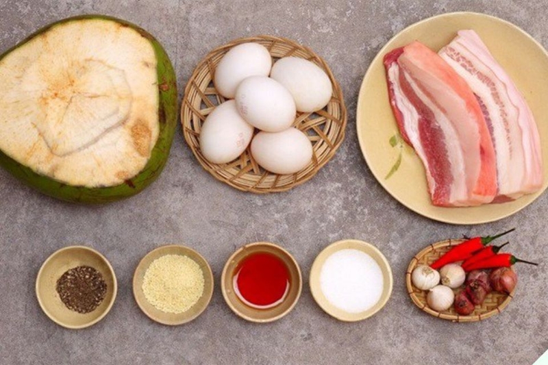 nguyên liệu thịt kho nước cốt dừa với trứng