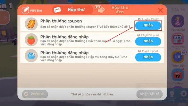 Chọn “Nhận” để thu thập phần thưởng vào tài khoản