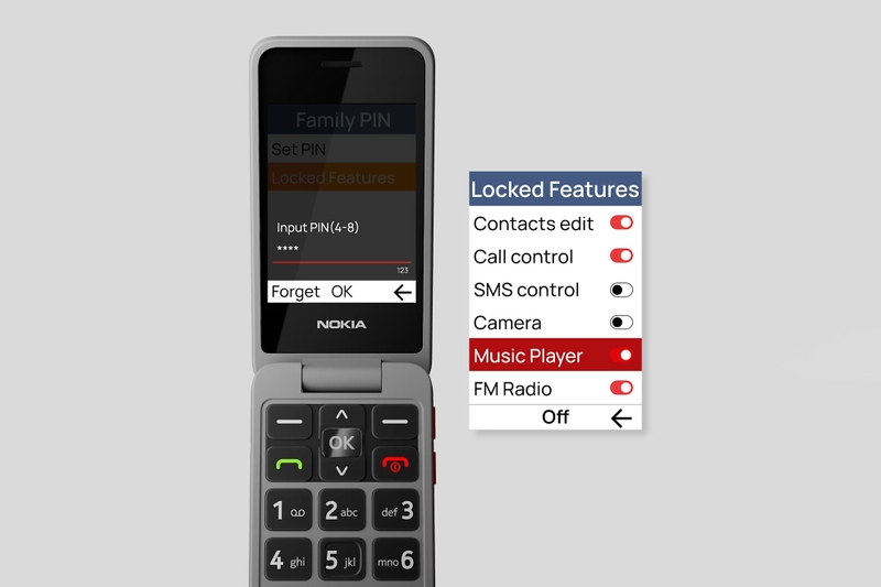Nokia 2360 Flip tích hợp Family PIN, cho phép phụ huynh khóa từng chức năng để kiểm soát việc sử dụng điện thoại của trẻ.