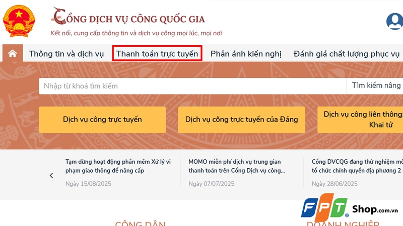Nhấp chọn Thanh toán trực tuyến