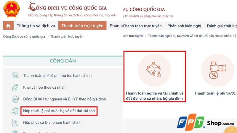 Nhấn chọn mục Thanh toán nghĩa vụ về tài chính đất đai