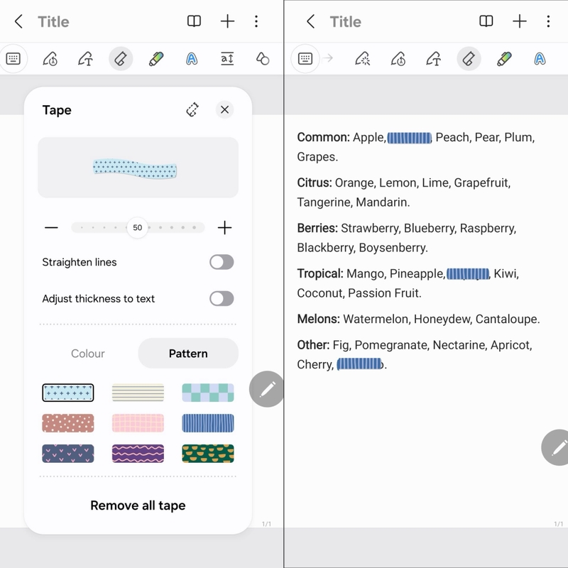 Tính năng Tape trong Samsung Notes bổ sung nhiều mẫu băng dính ảo và tùy chọn điều chỉnh độ dày.