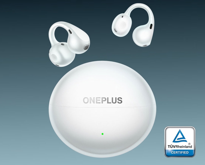 OnePlus Buds Clip sở hữu thiết kế kẹp tai hình chữ C, đi kèm hộp sạc tròn và đạt chứng nhận TÜV Rheinland Comfortable Fit.