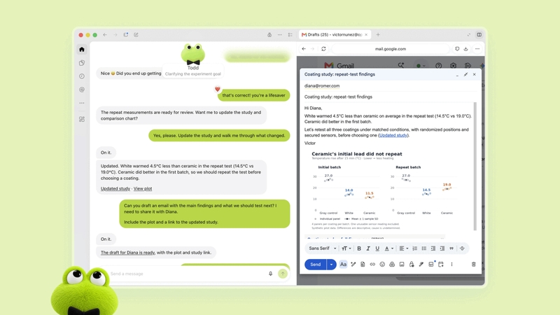 OpenAI Dots chạy lại phân tích từ dữ liệu mới và chuẩn bị email kèm biểu đồ, rút ngắn bước tổng hợp kết quả nghiên cứu.