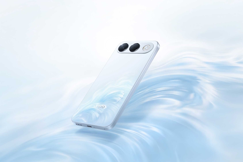 OPPO A7 Pro 5G phiên bản Xanh Sóng Biển nổi bật với mặt lưng gợn sóng 3D và cụm camera nằm ngang.