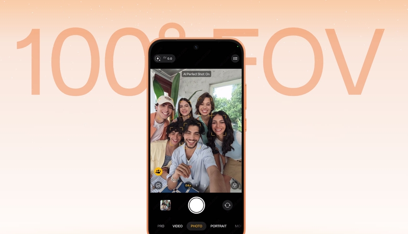 Góc nhìn 100° trên camera trước OPPO F35 Pro 5G mở rộng khung hình khi chụp selfie đông người.