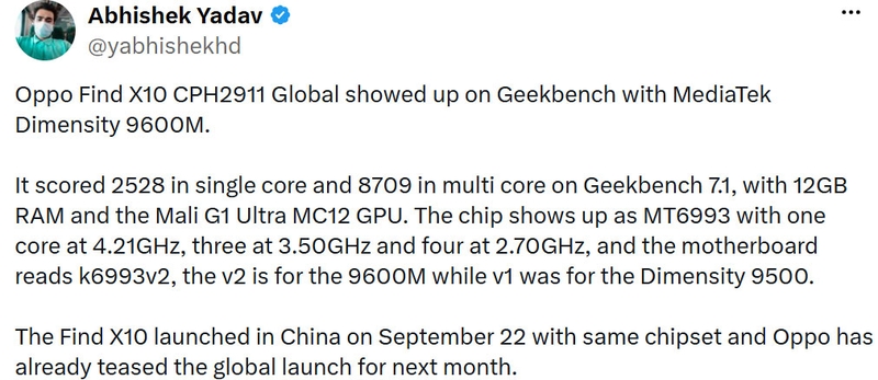 Leaker Abhishek Yadav chia sẻ thông tin về OPPO Find X10 bản quốc tế trước thời điểm ra mắt toàn cầu.