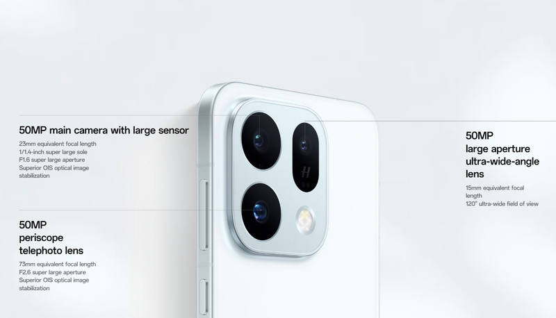 Ba camera 50 MP trên OPPO Find X10 E đảm nhiệm các tiêu cự từ góc siêu rộng đến tele.