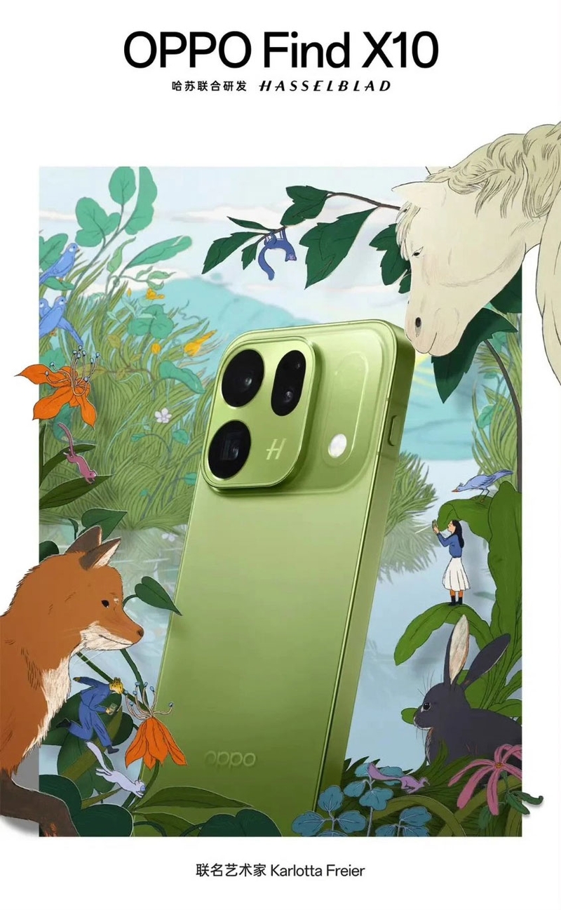OPPO Find X10 màu Xanh Forest Green trong hình ảnh quảng bá hợp tác cùng nghệ sĩ Karlotta Freier.